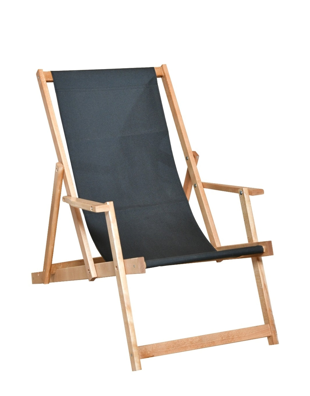 Baštenska drvena stolica-ležaljka sa crnim platnom i rukohvatima, sklopiva, 148cm x 66cm