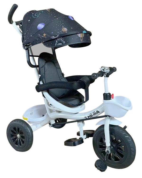 Dečiji tricikl na pedale sa tendom i ručkom za guranje, beli sa planetama, uzrast 3+ god