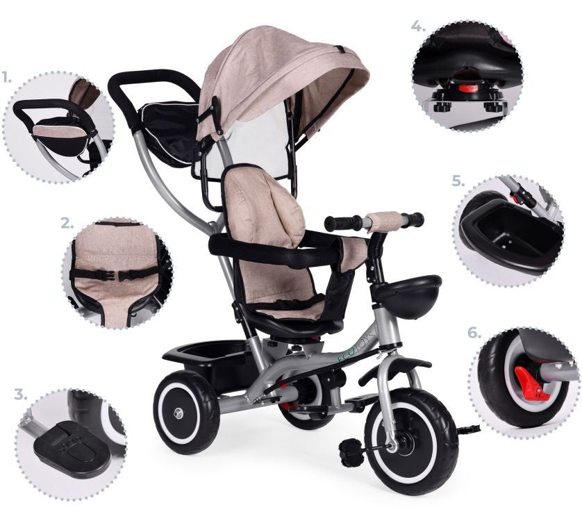 2u1 tricikl sa rotirajućim sedištem i sklopivom tendom Beige, ECOTOYS