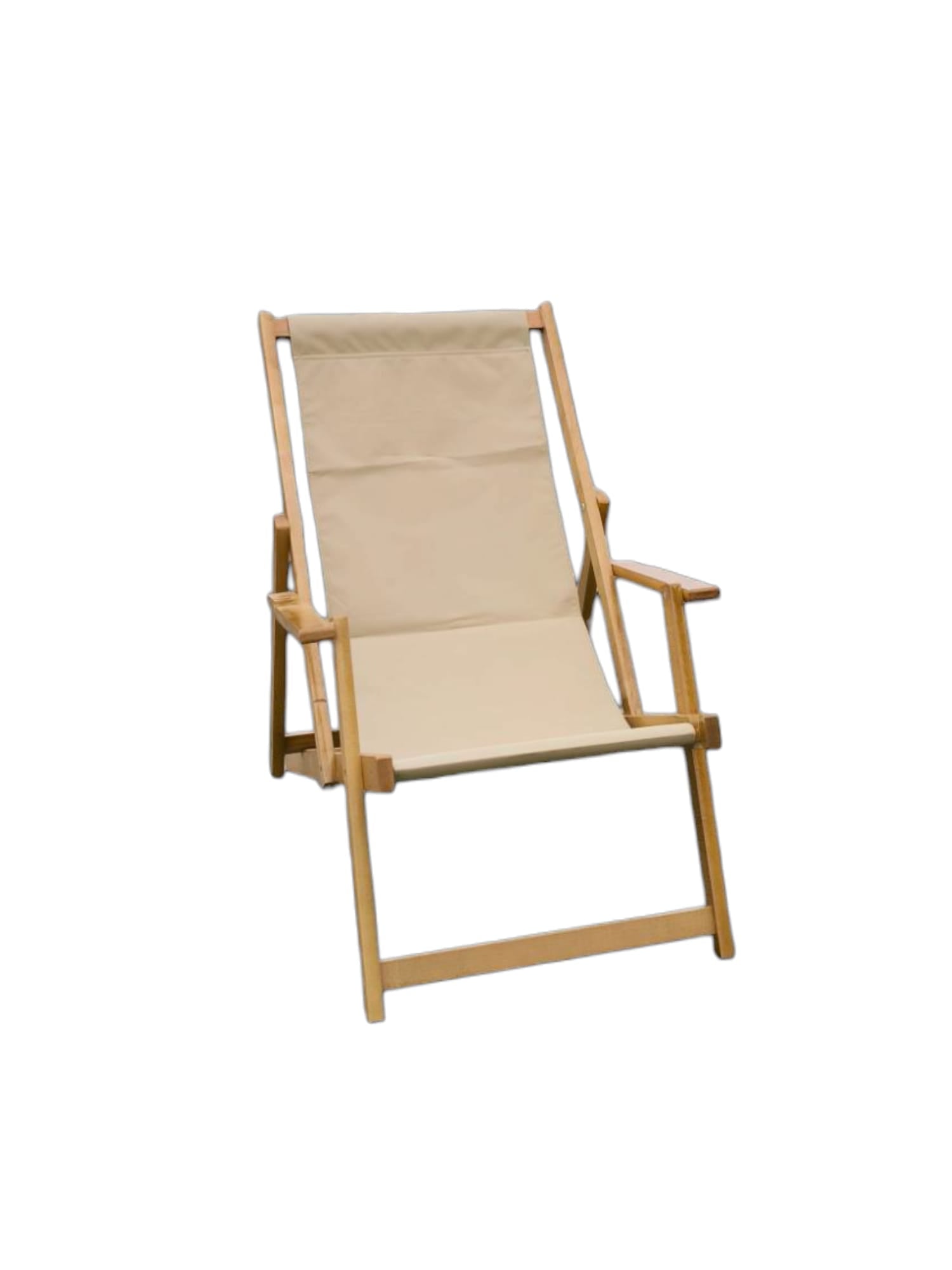Baštenska drvena stolica-ležaljka sa bež platnom i rukohvatima, sklopiva, 148cm x 66cm