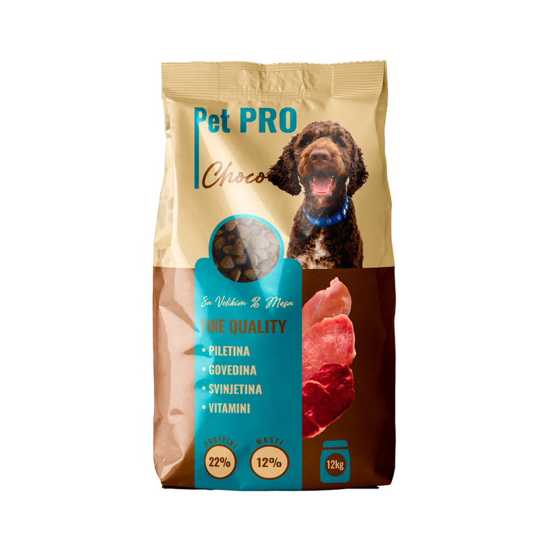 PET PRO CHOCO Suva hrana za odrasle pse sa govedinom i svinjetinom 12kg