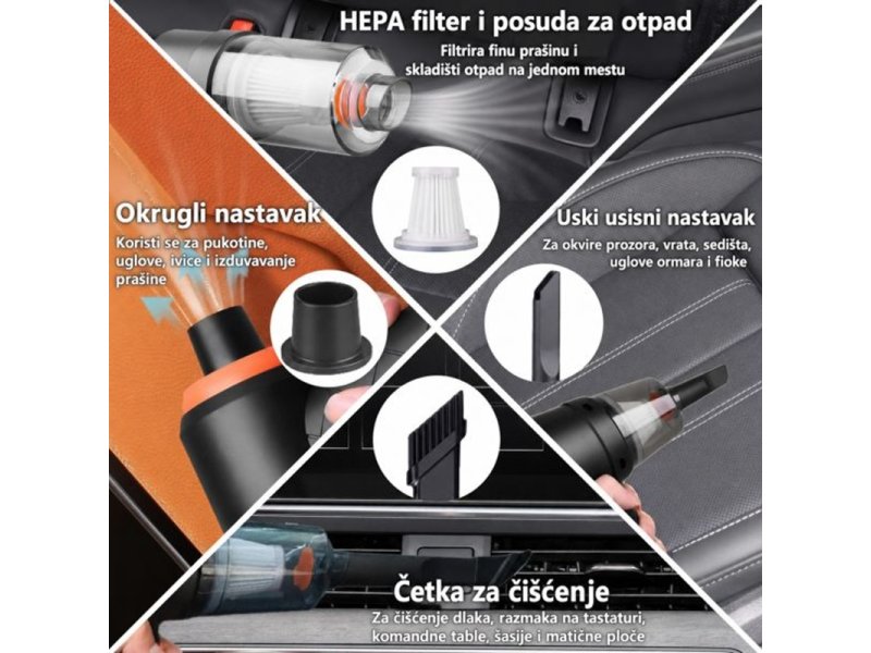 2 u 1 prenosivi mini vakum usisivač za auto i kuču, crni