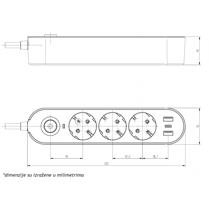 Prenosna Prikljucnica Gs03Ku 3/5Met, 2 USB, TIP C