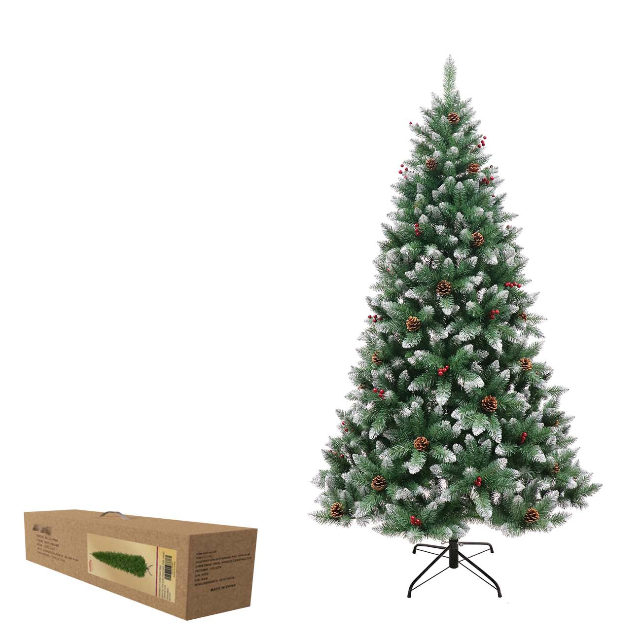 Veštačka jelka zelena 240 cm, sneg, šišarke, bobice, postolje