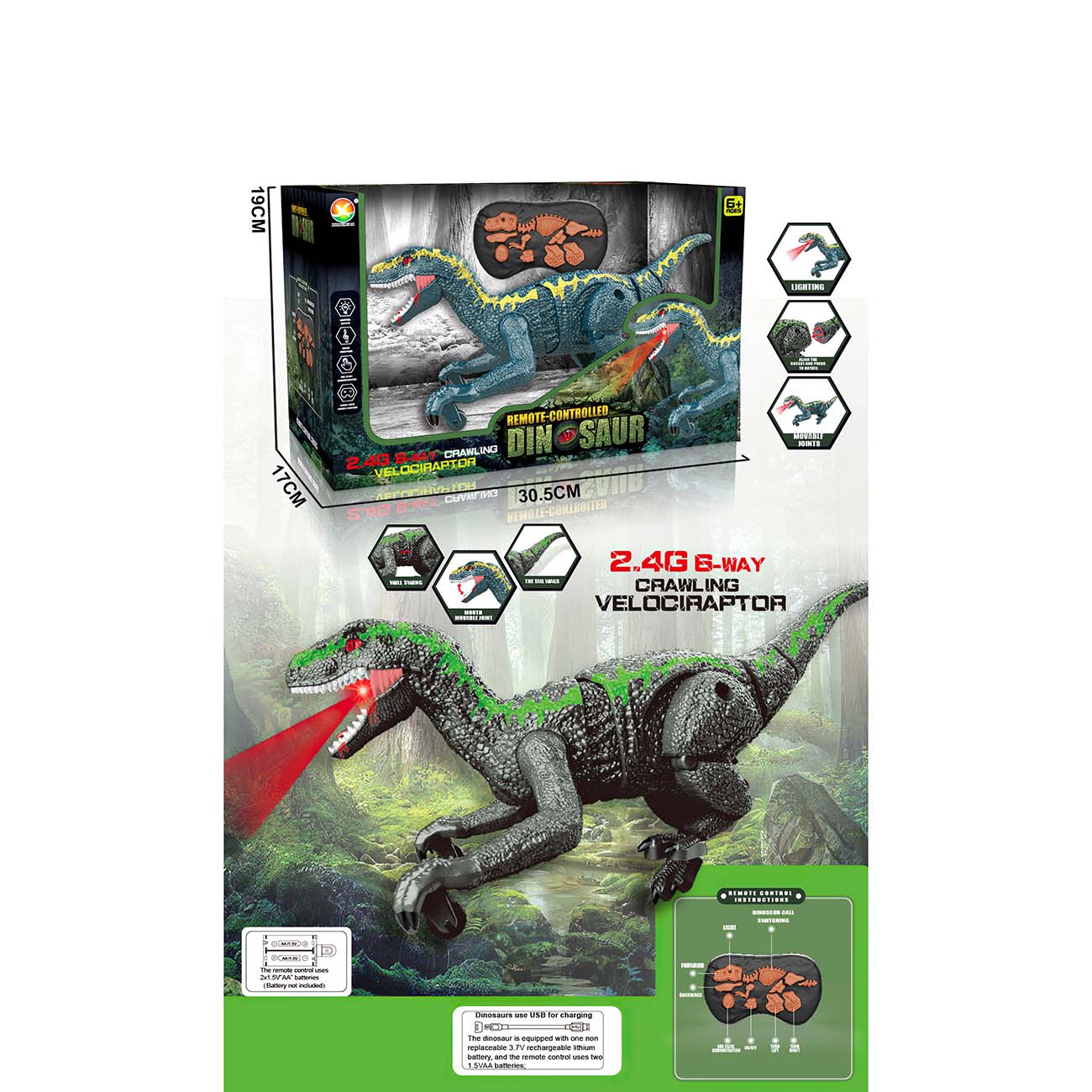 RC Velociraptor na baterije, svetlo, zvuk, hod