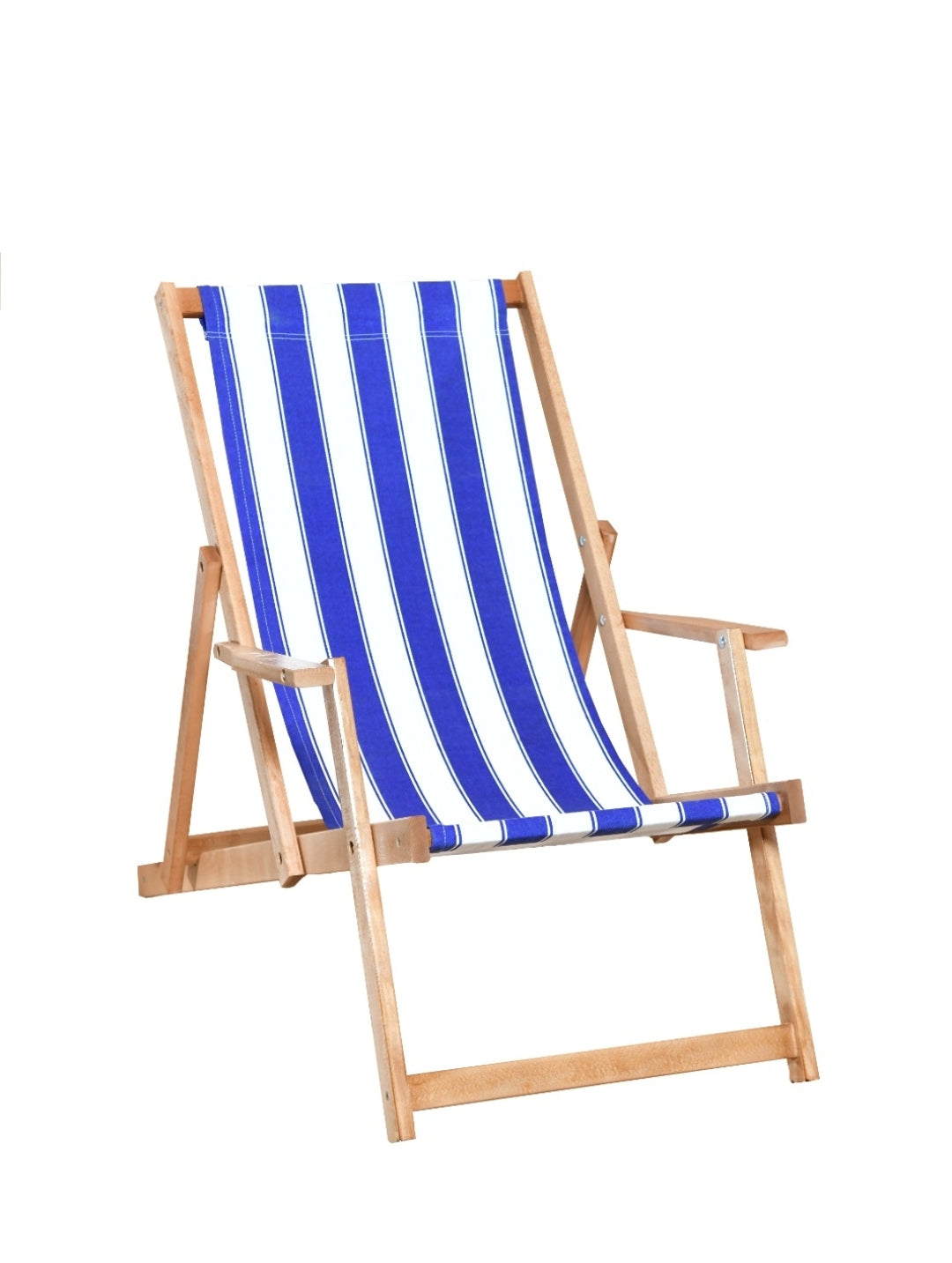 Baštenska drvena stolica-ležaljka sa plavo-belim platnom i rukohvatima, sklopiva, 148cm x 66cm