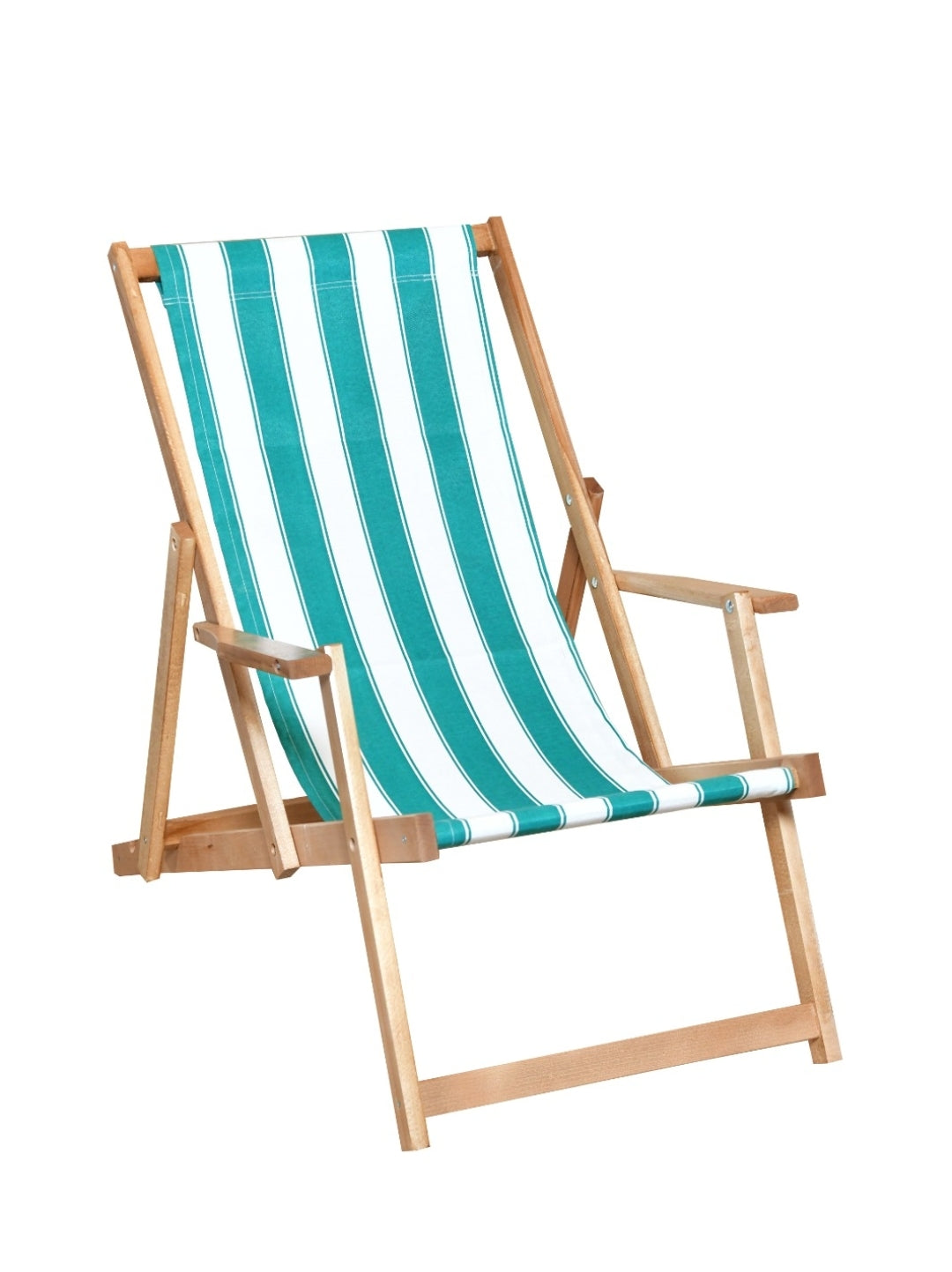 Baštenska drvena stolica-ležaljka sa zeleno-belim platnom i rukohvatima, sklopiva, 148cm x 66cm