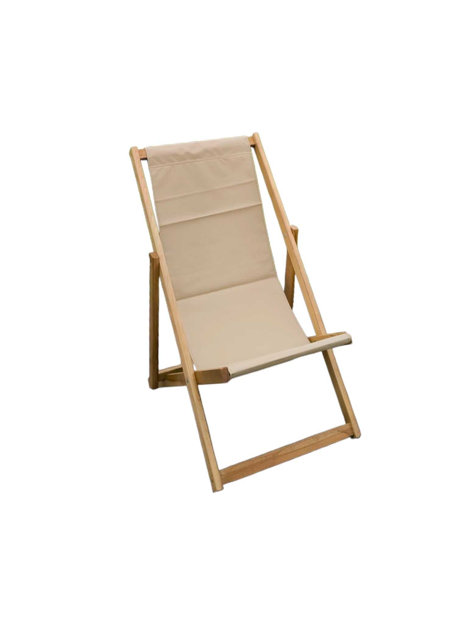 Baštenska drvena stolica-ležaljka sa bež platnom, sklopiva, 125cm x 59cm
