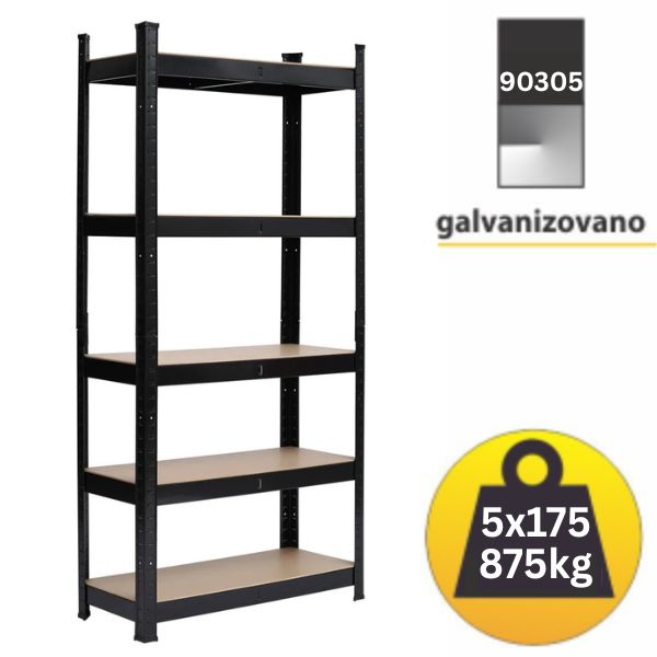 Polica metal-medijapan 180x90x30cm, 5x175kg antracit