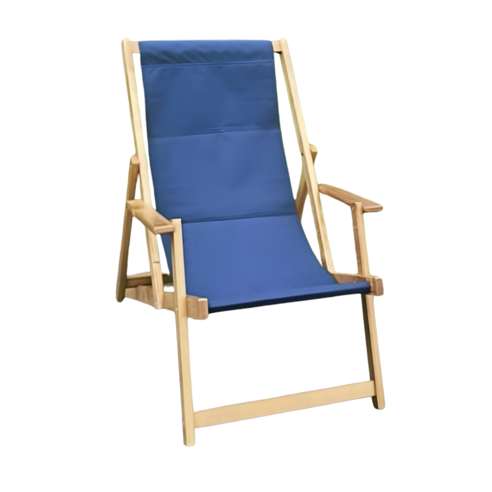 Baštenska drvena stolica-ležaljka sa teget platnom i rukohvatima, sklopiva, 148cm x 66cm