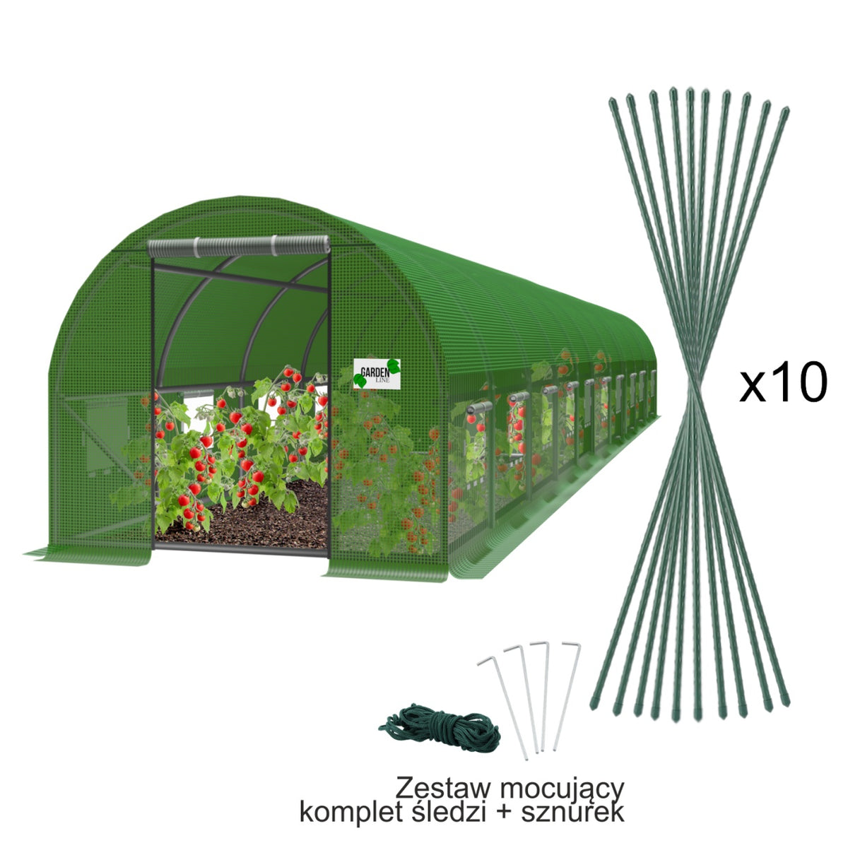 Baštenski tunelski plastenik sa folijom, 10 segmenata, zeleni, 10 × 4 × 2 m