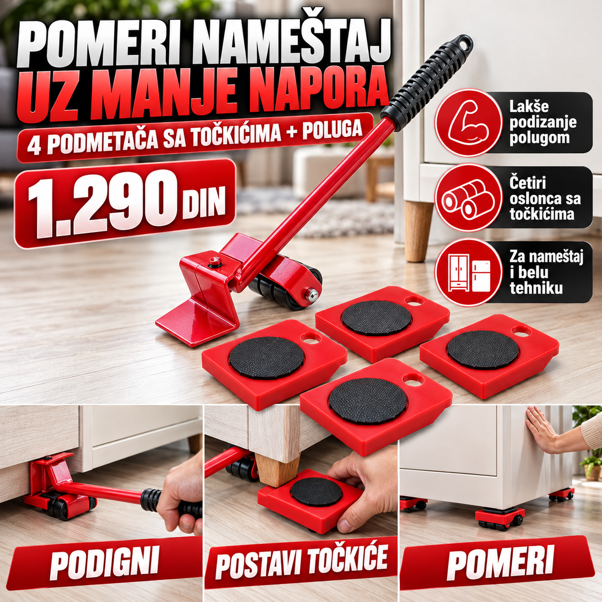 Točkići i poluga za lakše pomeranje nameštaja, 4 komada – prodajni vizual 1:1