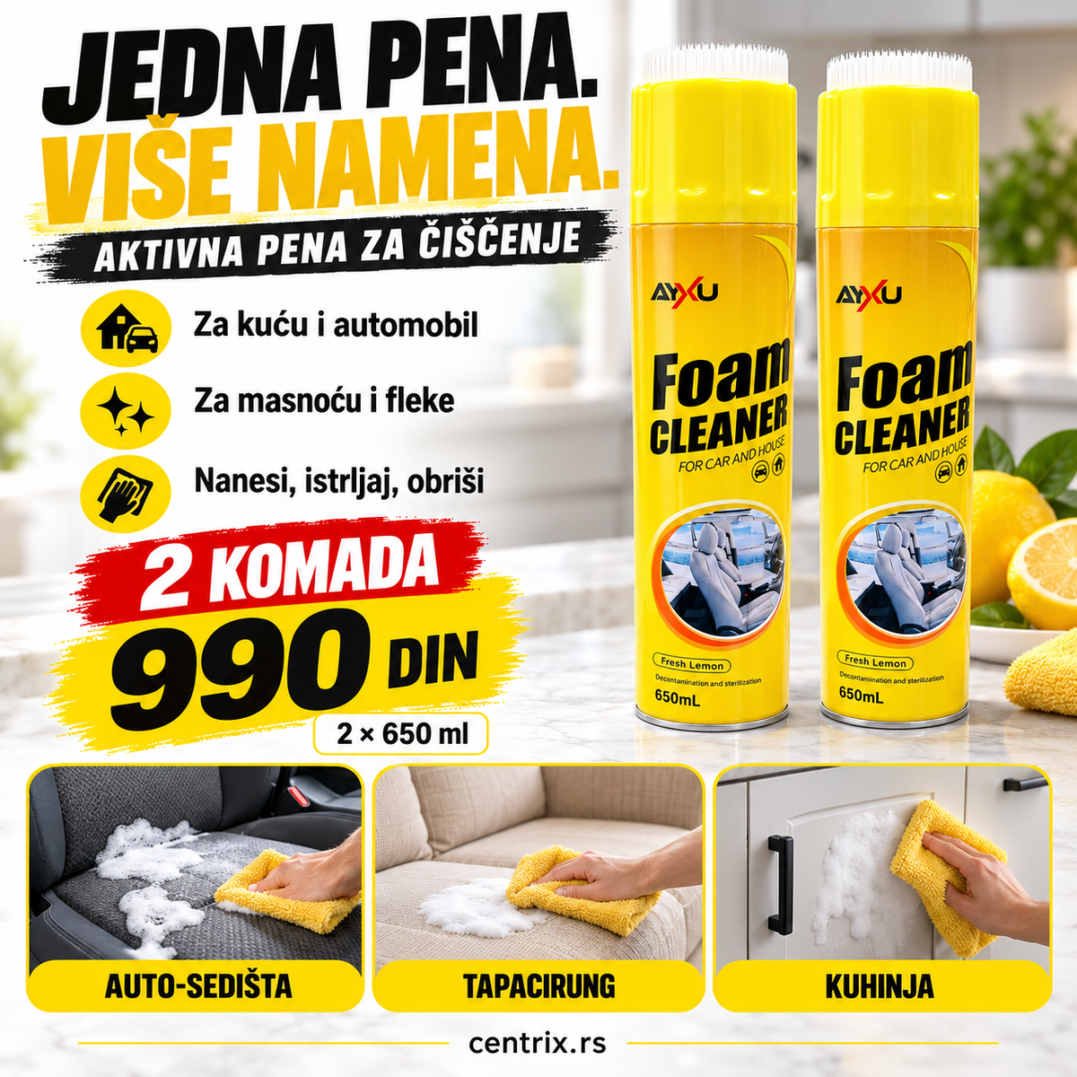 Centrix prodajni vizual 1:1 – Univerzalna aktivna pena za čišćenje površina 650 ml - 2 komada