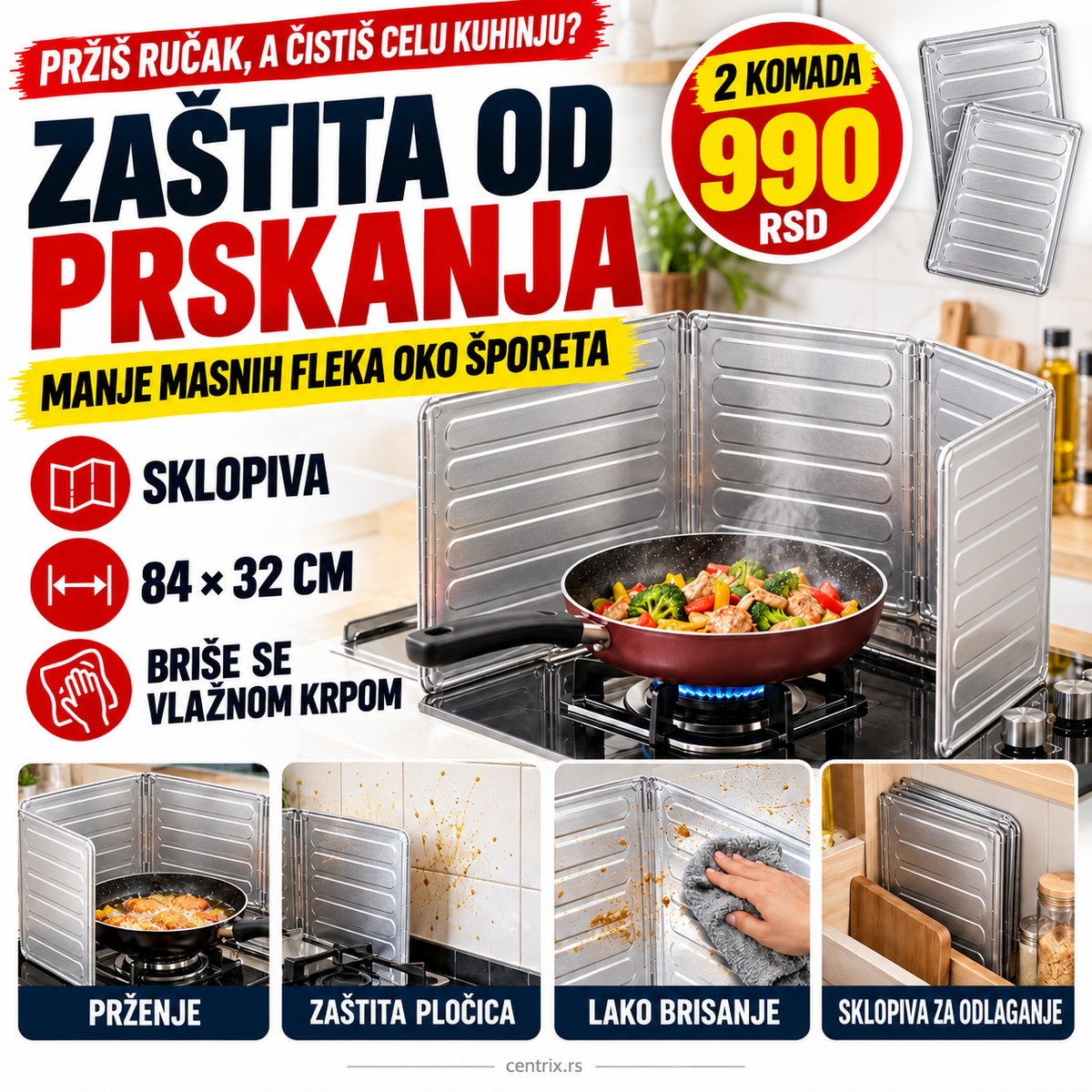 Sklopiva ALU zaštita za šporet protiv prskanja - 2 komada