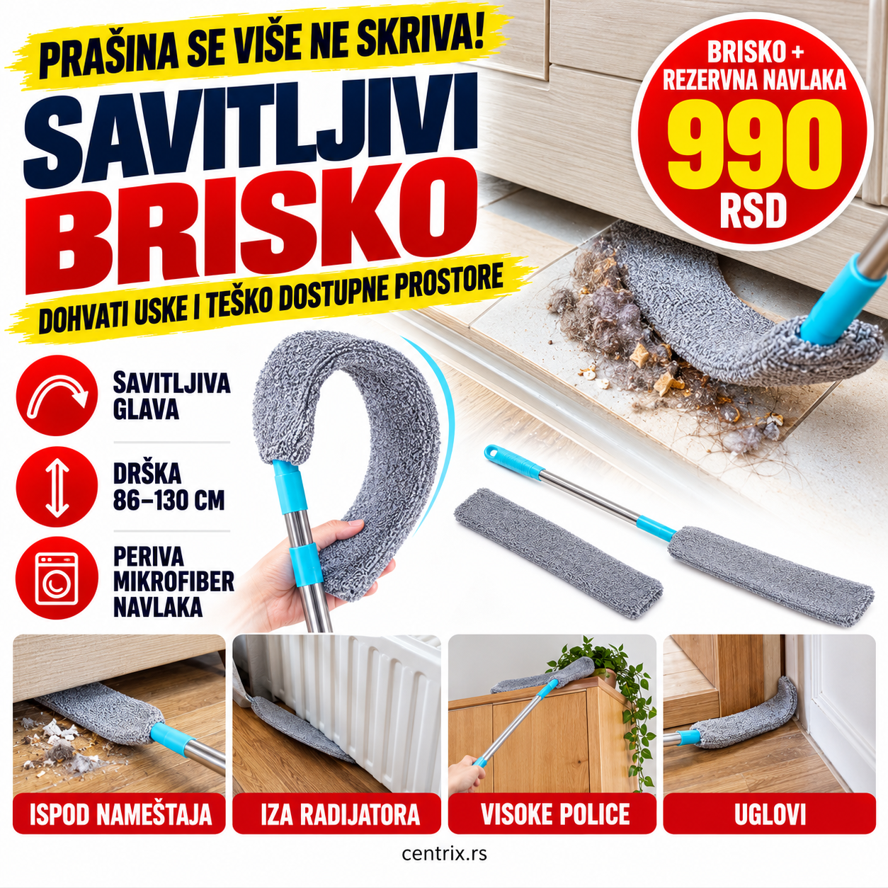 Savitljivi brisko za čišćenje teško dostupnih mesta - set od 2 komada