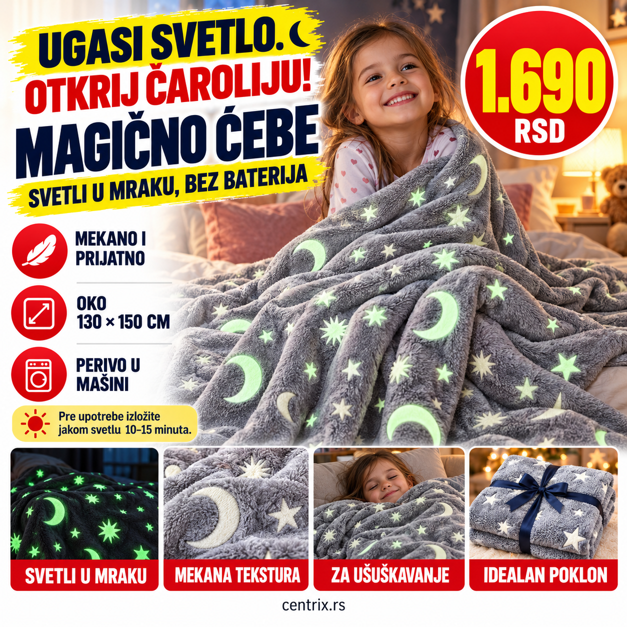 Dečije magično ćebe koje svetli u mraku, sivo