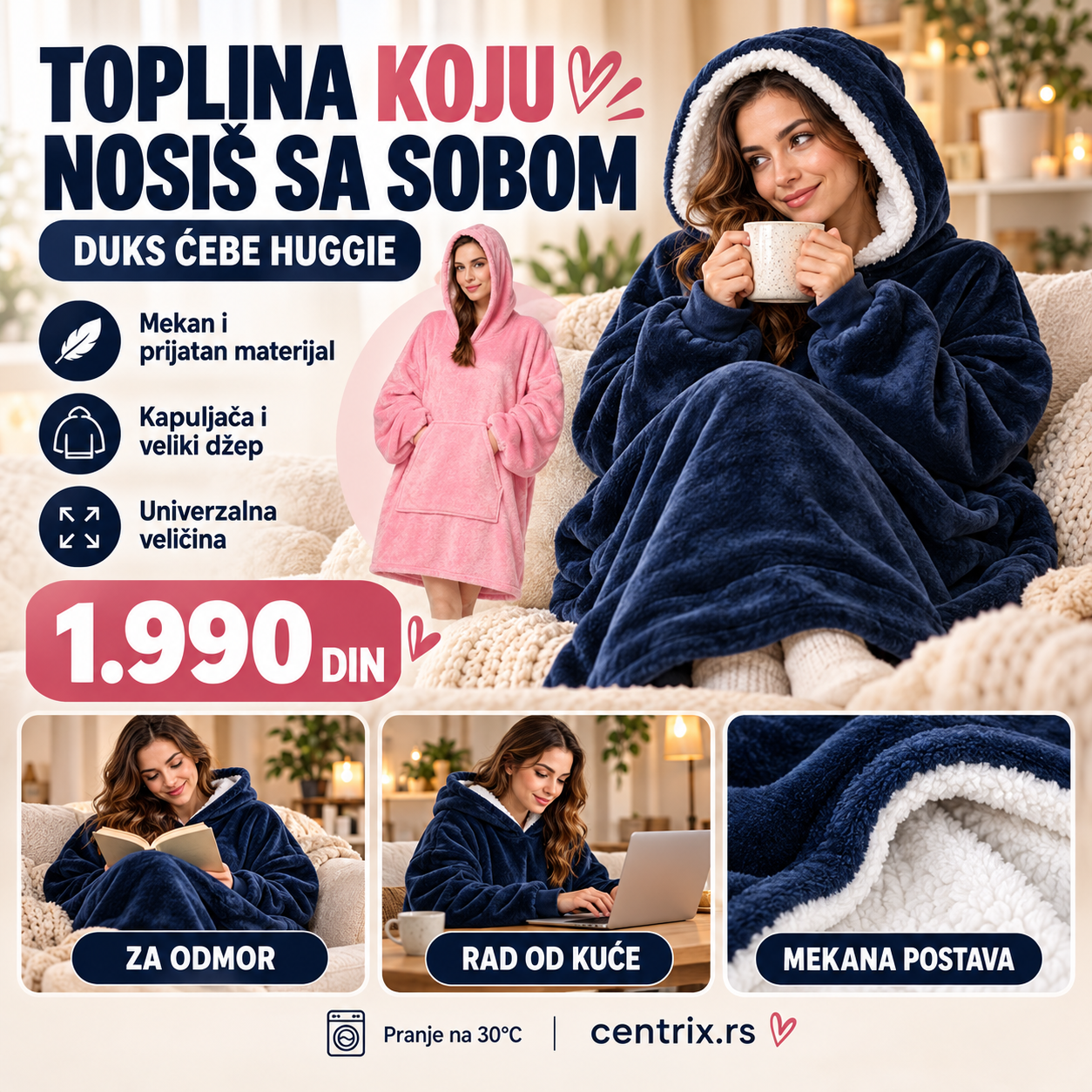 Centrix prodajni vizual 1:1 – Duks ćebe Huggie, sa rukavima, univerzalna veličina