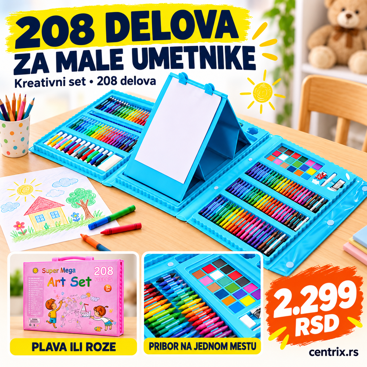 MAGIC ART SET 208 DELOVA – Kreativni kofer za crtanje i slikanje sa štafelajem – Centrix prodajni vizual