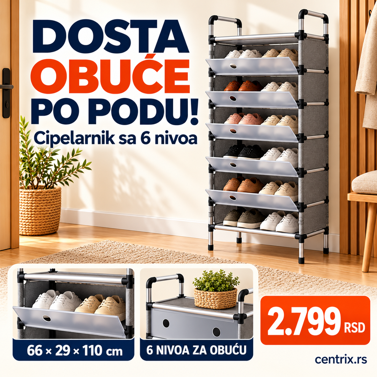 Stalak za cipele sa 6 nivoa – sklopivi cipelarnik za hodnik i garderober – Centrix prodajni vizual