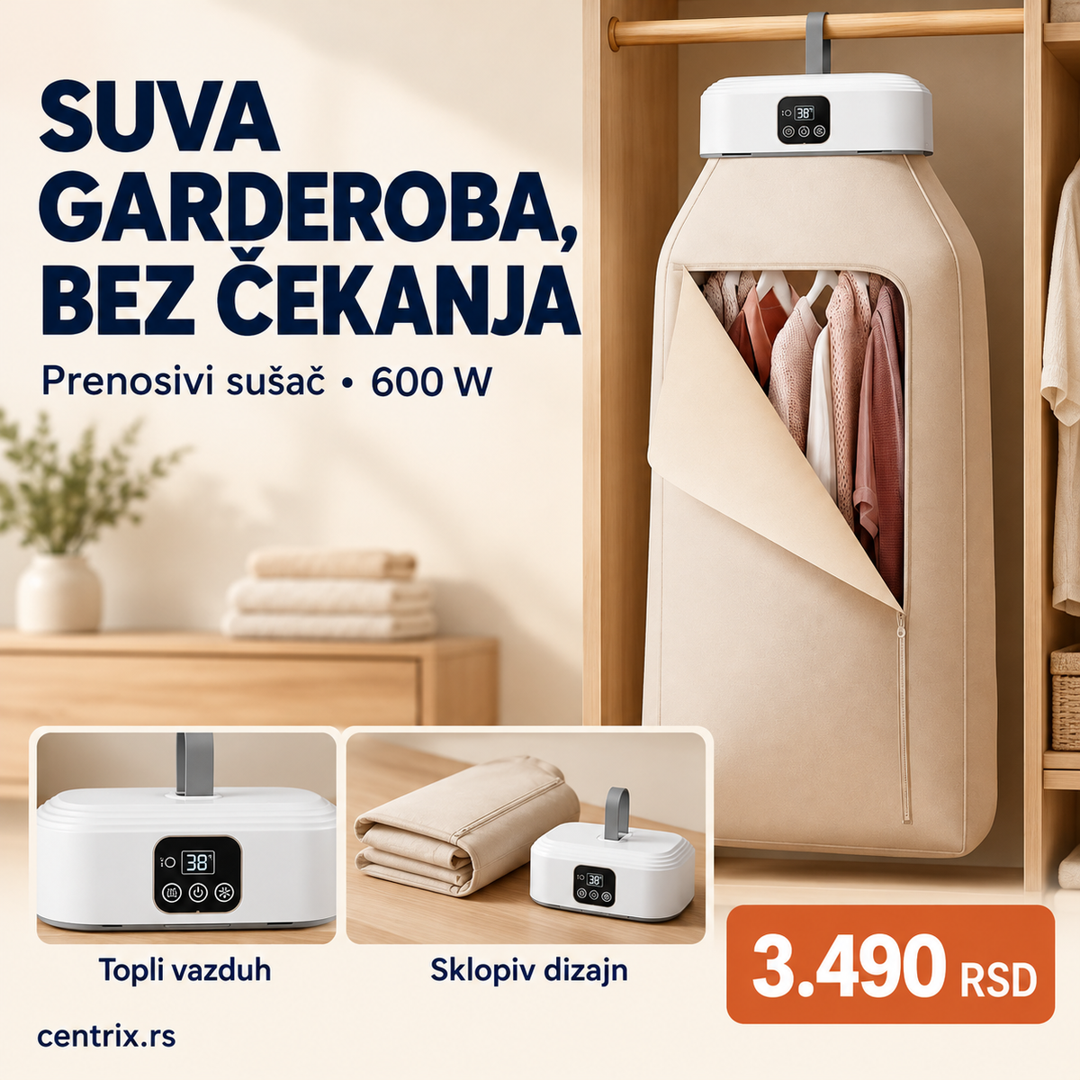 Električni prenosivi sušač za garderobu, 600W, beli – Centrix katalog vizual