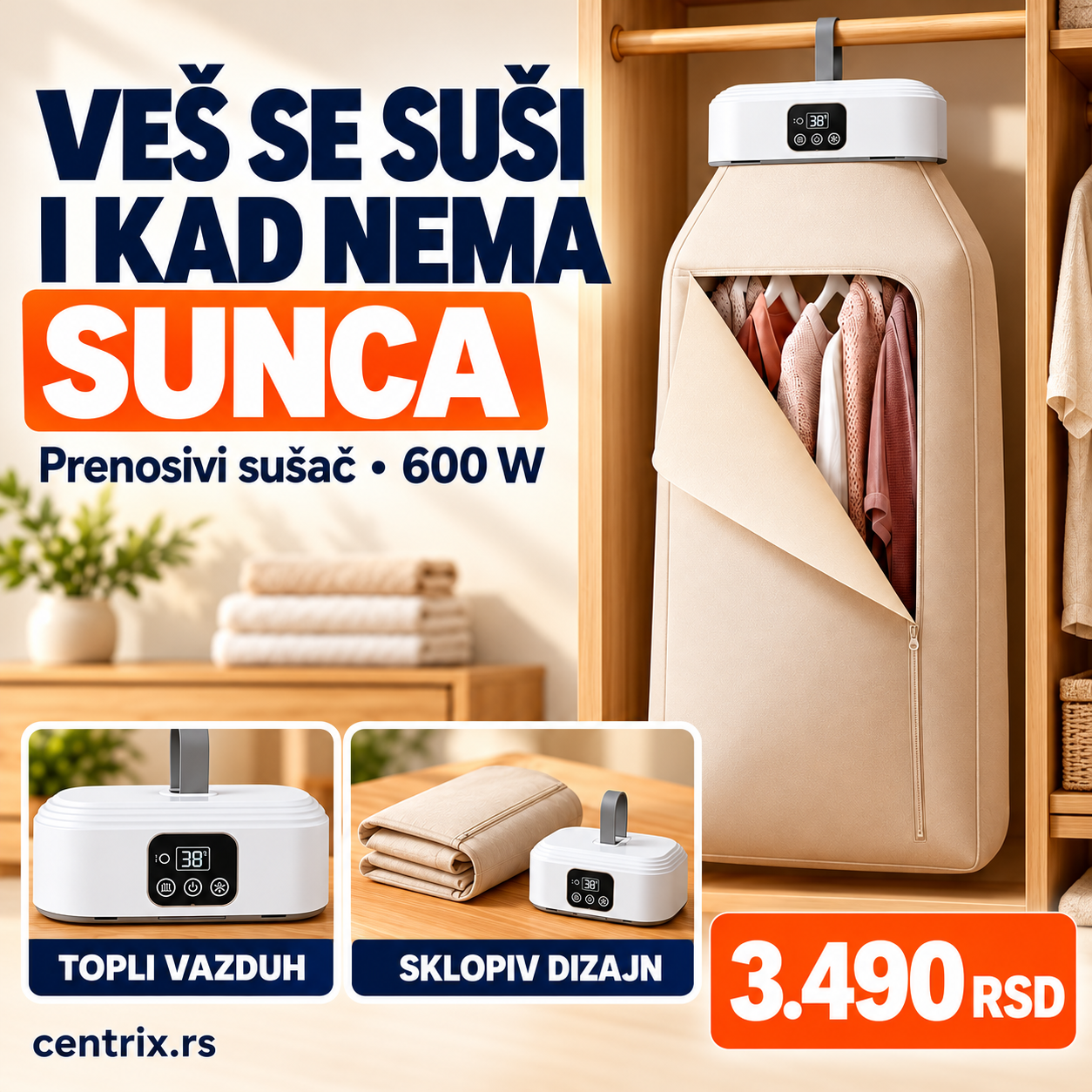 Električni prenosivi sušač za garderobu, 600W, beli – Centrix prodajni vizual