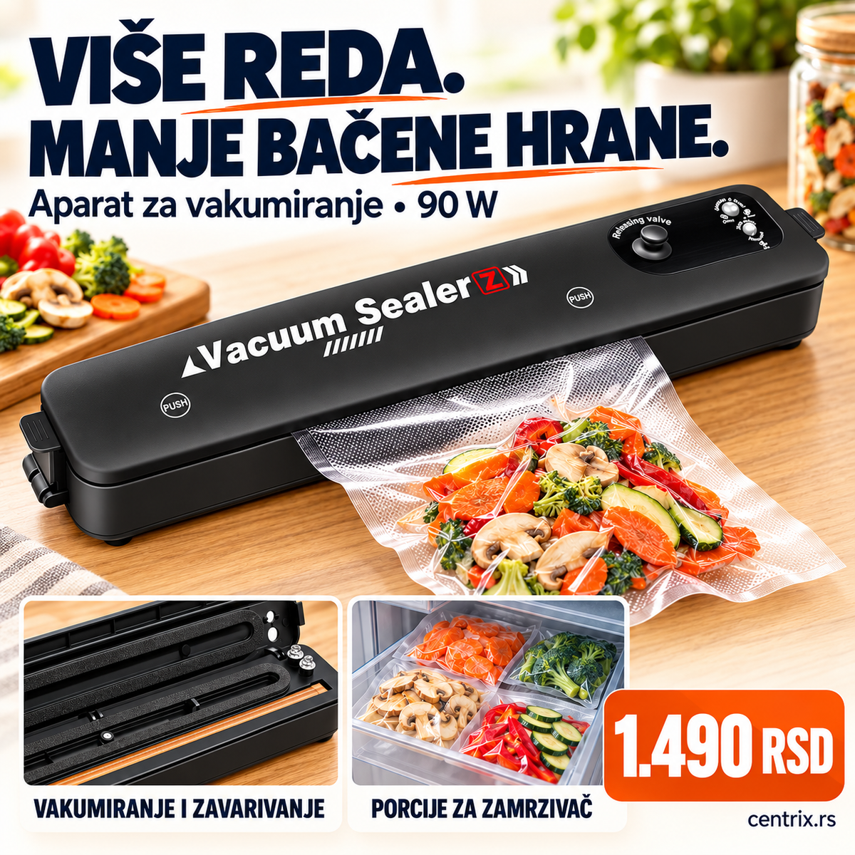 Aparat za vakumiranje hrane 90W, crni – Centrix prodajni vizual