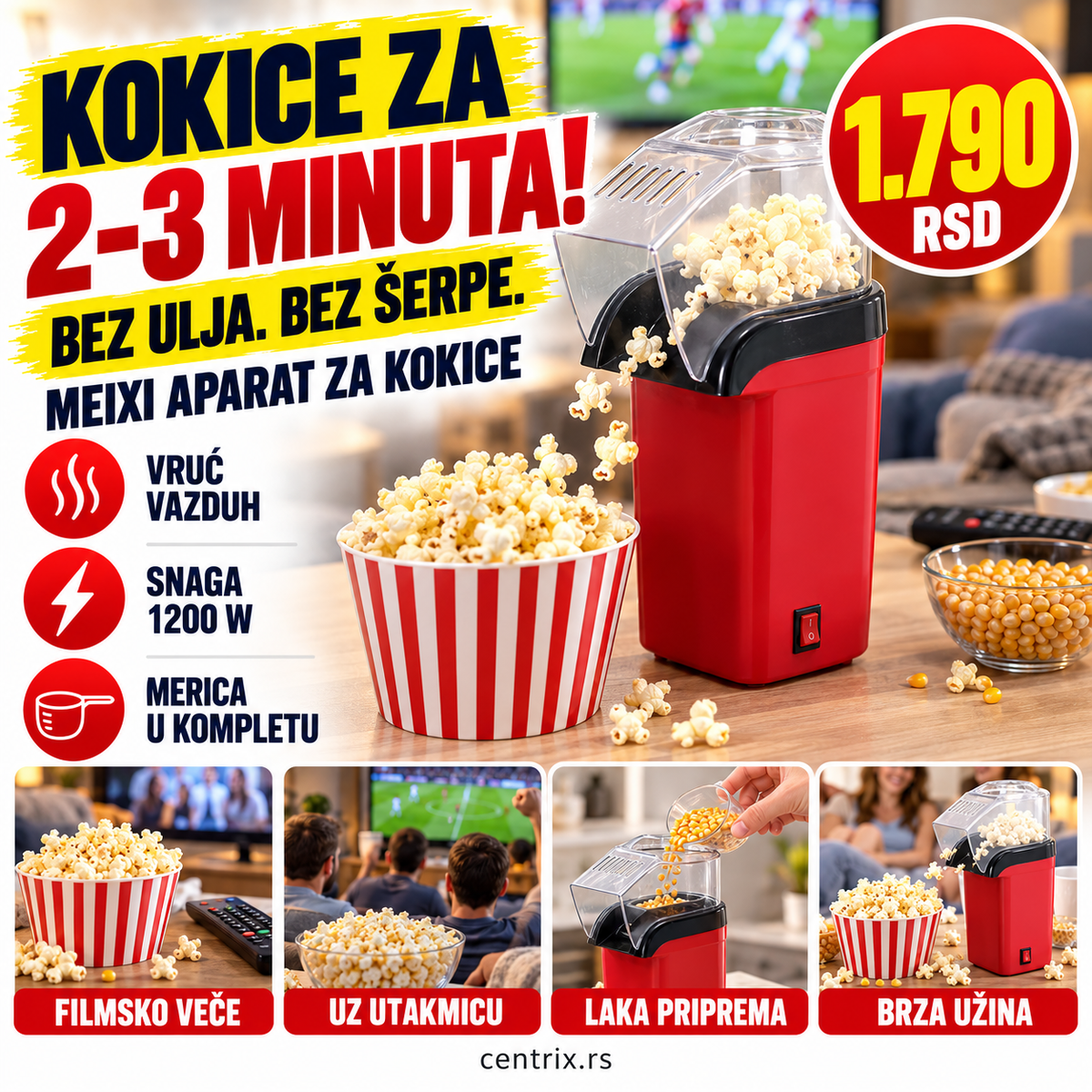 Meixi Aparat za kokice crveni, 1200 W