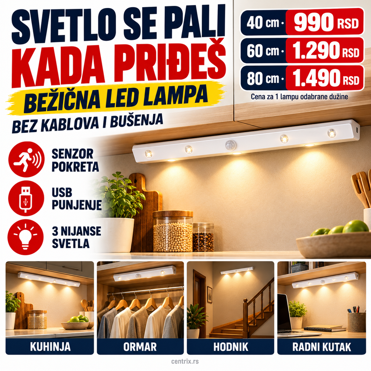 Bežična LED lampa sa senzorom pokreta – 40, 60 i 80 cm