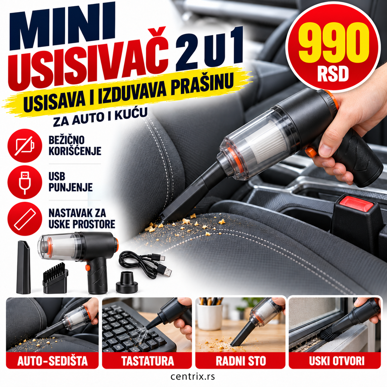 2 u 1 prenosivi mini vakum usisivač za auto i kuću