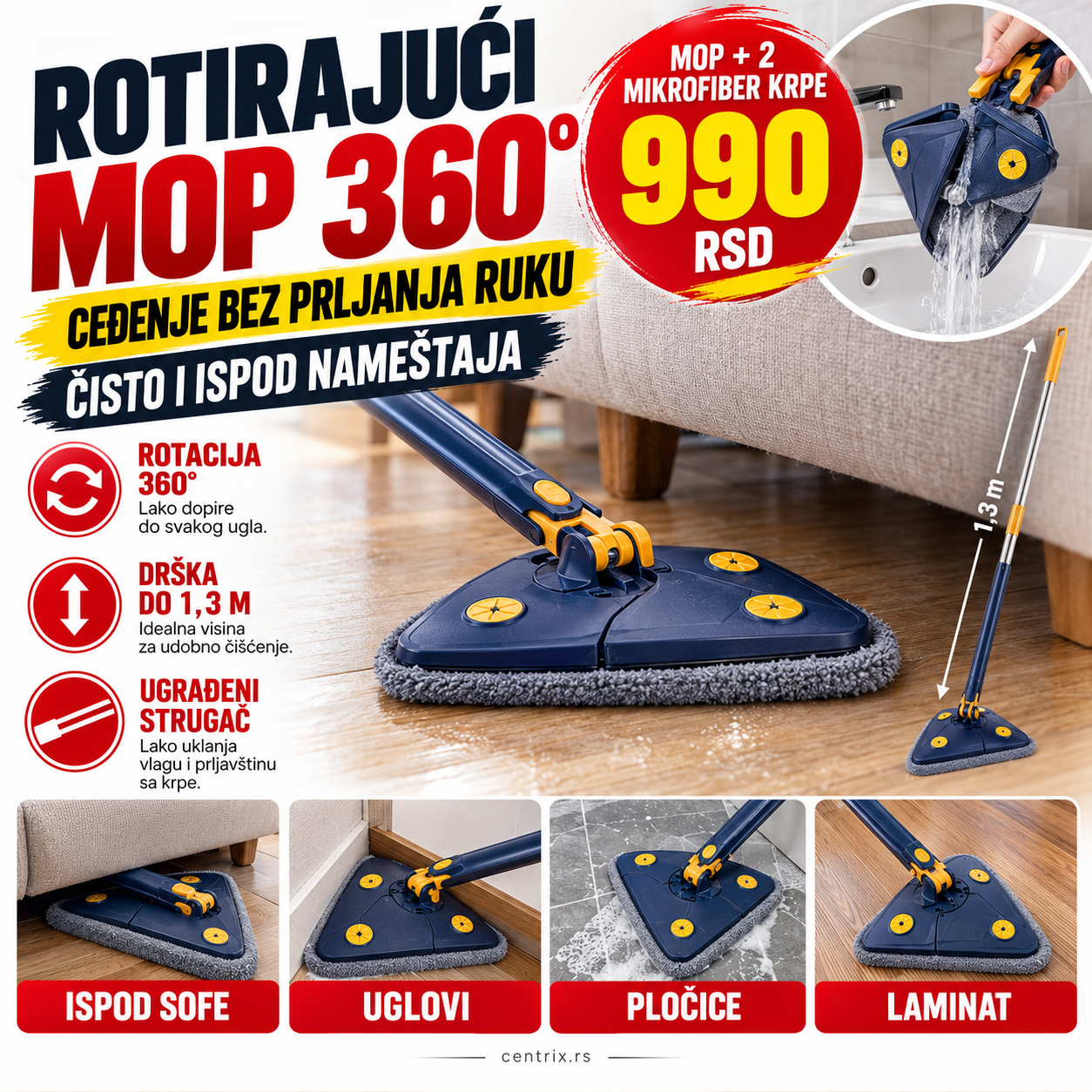 Multifunkcionalni rotirajući mop sa 360° rotacijom i mikrofiber krpom