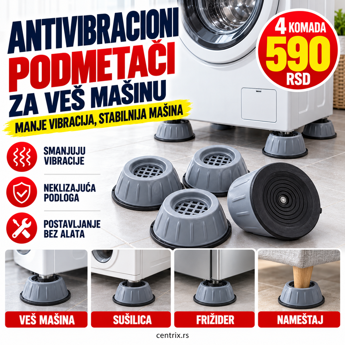 Antivibracioni podmetači za veš mašinu, 4 komada