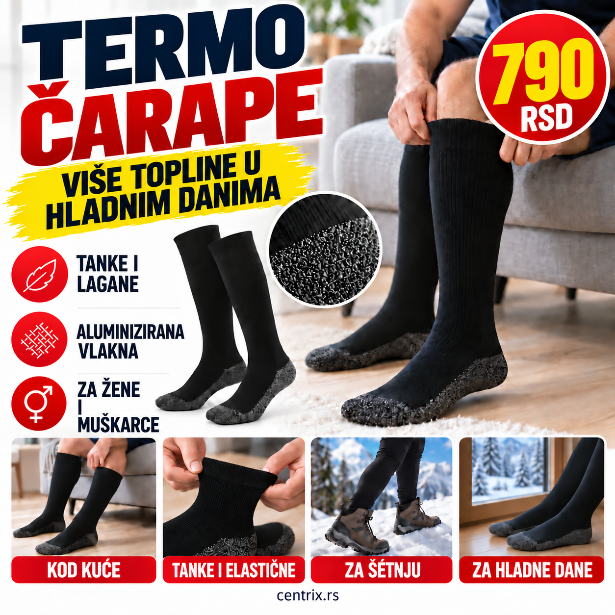 Termo čarape sa aluminiziranim vlaknima za toplotu i podršku cirkulaciji