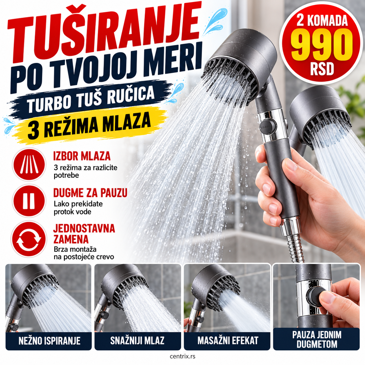 Turbo hidromasažna tuš ručica sa 3 režima - 2 komada