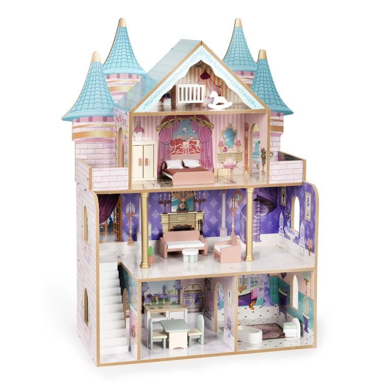 Drvena četvorospratna kućica za lutke Bella Castle, sa 15 komada nameštaja – ECOTOYS
