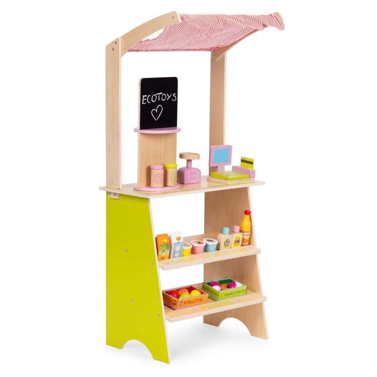 Drvena dečija pijaca sa vagom, POS terminalom i dodacima, 20 delova – EcoToys