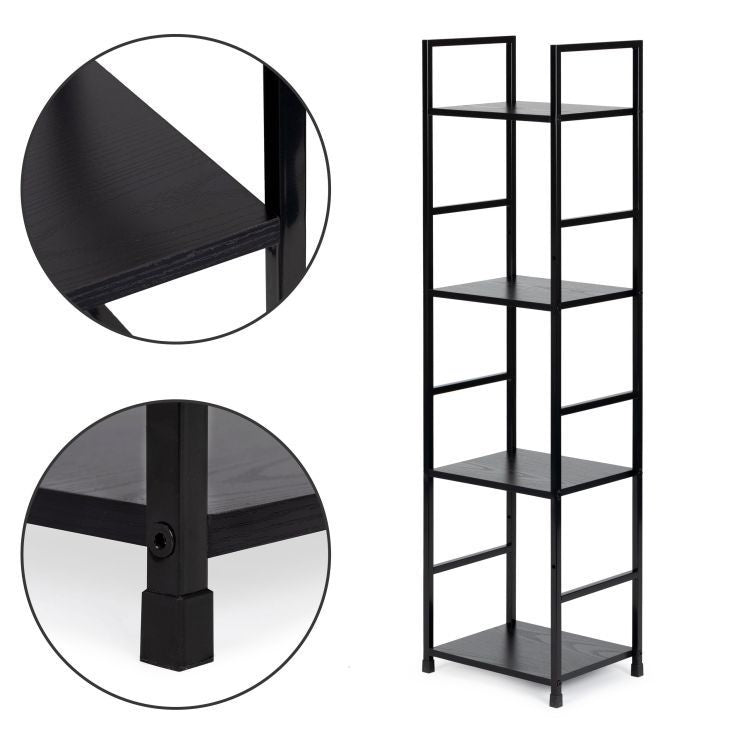Drvena polica sa metalnim LOFT okvirom, 4 nivoa, crna - ModernHome