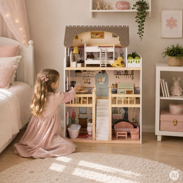 Drvena trospratna kućica za lutke Laura, sa 15 komada nameštaja – ECOTOYS