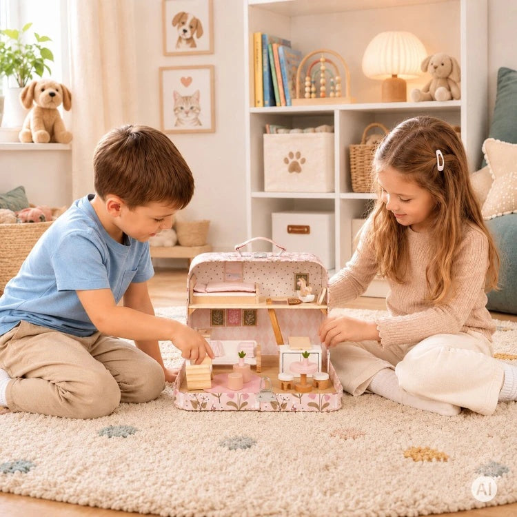 Dvospratna kućica za lutke u koferu, sa drvenim nameštajem i 20 dodataka – ECOTOYS