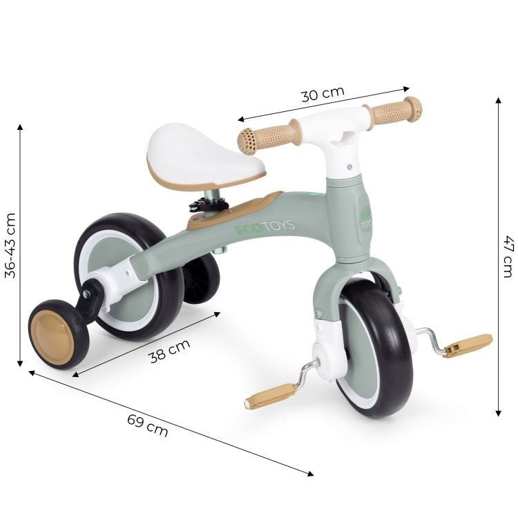 Ecotoys balans bicikl sa pedalama i pomoćnim točkovima 3u1 green