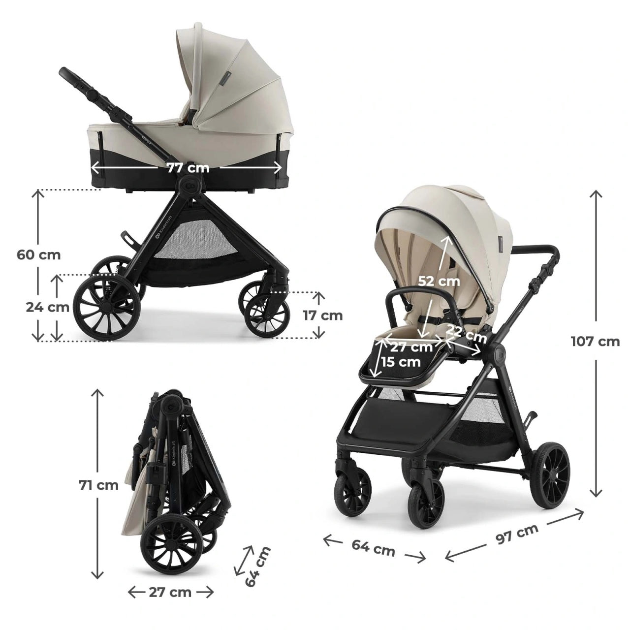 KINDERKRAFT KOLICA ZA BEBE SET 3U1 VESTO 2 BEIGE
