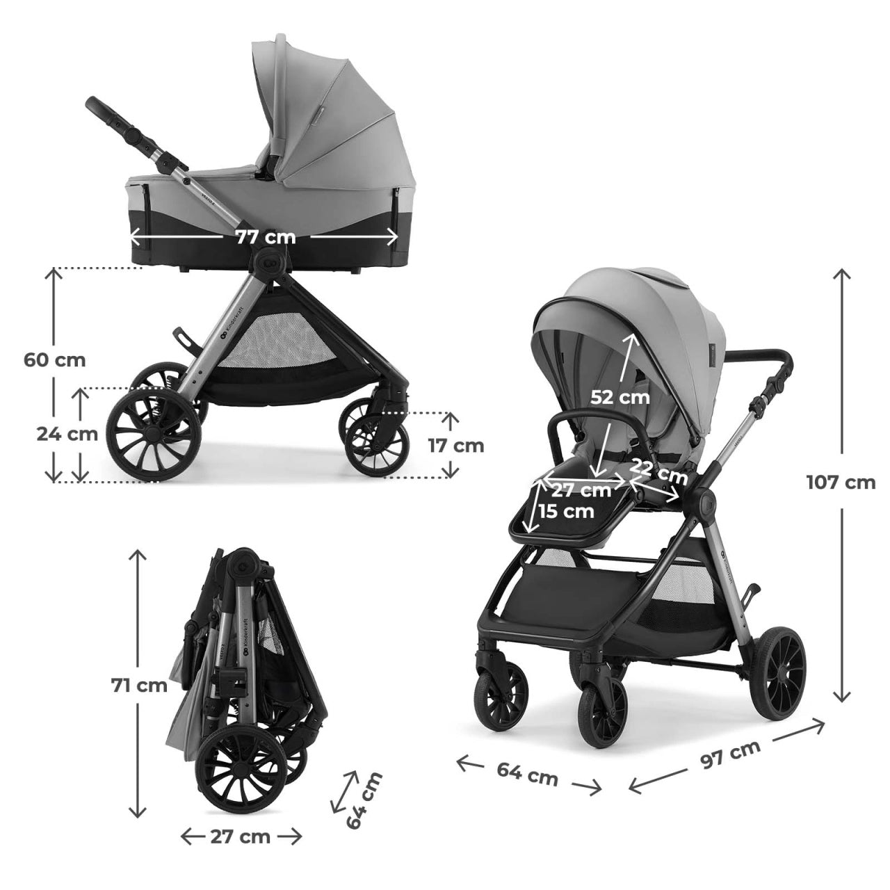 KINDERKRAFT KOLICA ZA BEBE SET 3U1 VESTO 2 GREY