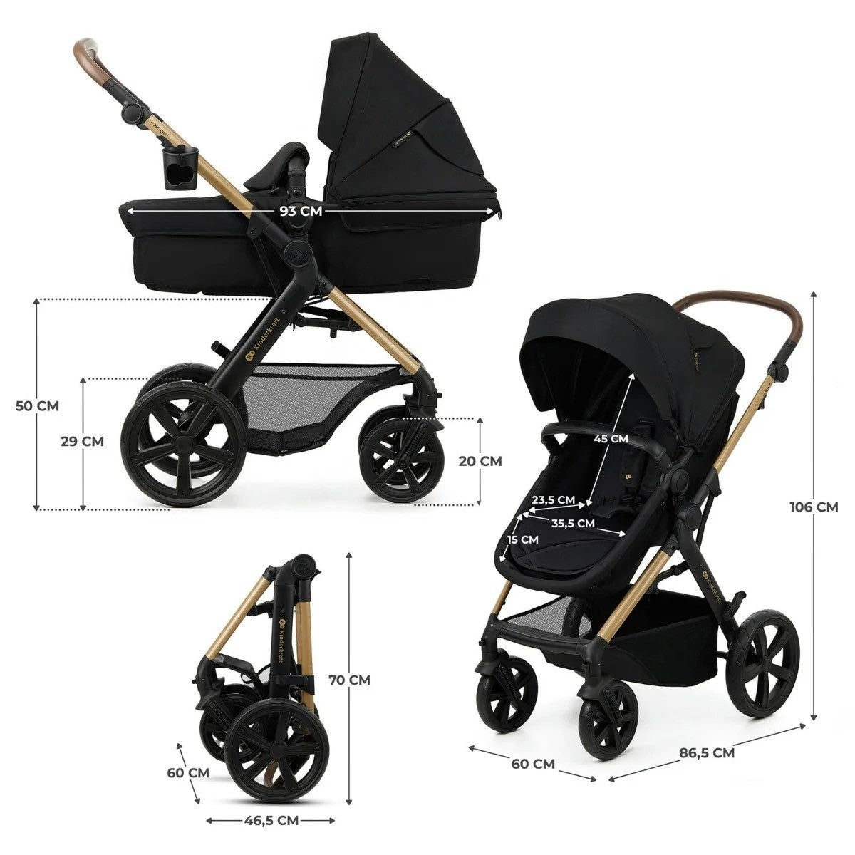 KINDERKRAFT MOOV 2 KOLICA ZA BEBE 3U1 PURE BLACK