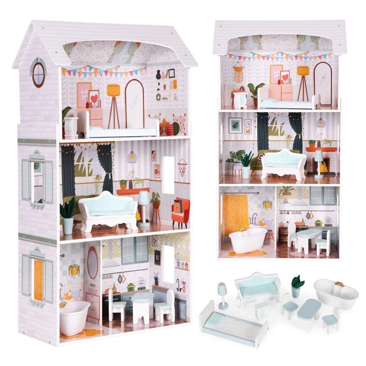 Kućica za lutke Alice na 3 sprata, 4 sobe, set sa 9 komada nameštaja – ECOTOYS