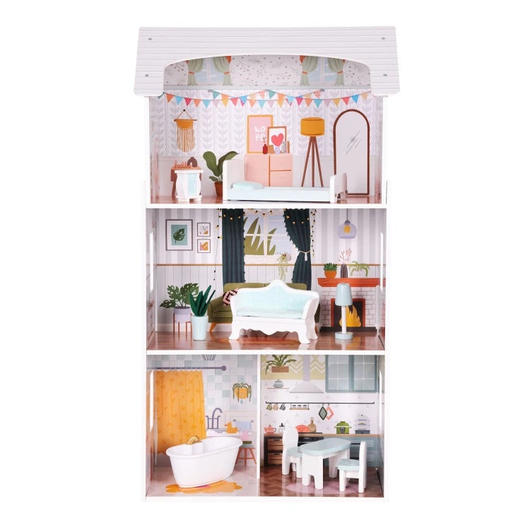 Kućica za lutke Alice na 3 sprata, 4 sobe, set sa 9 komada nameštaja – ECOTOYS