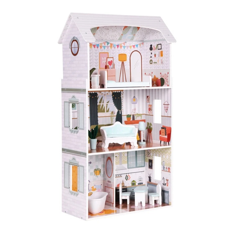 Kućica za lutke Alice na 3 sprata, 4 sobe, set sa 9 komada nameštaja – ECOTOYS