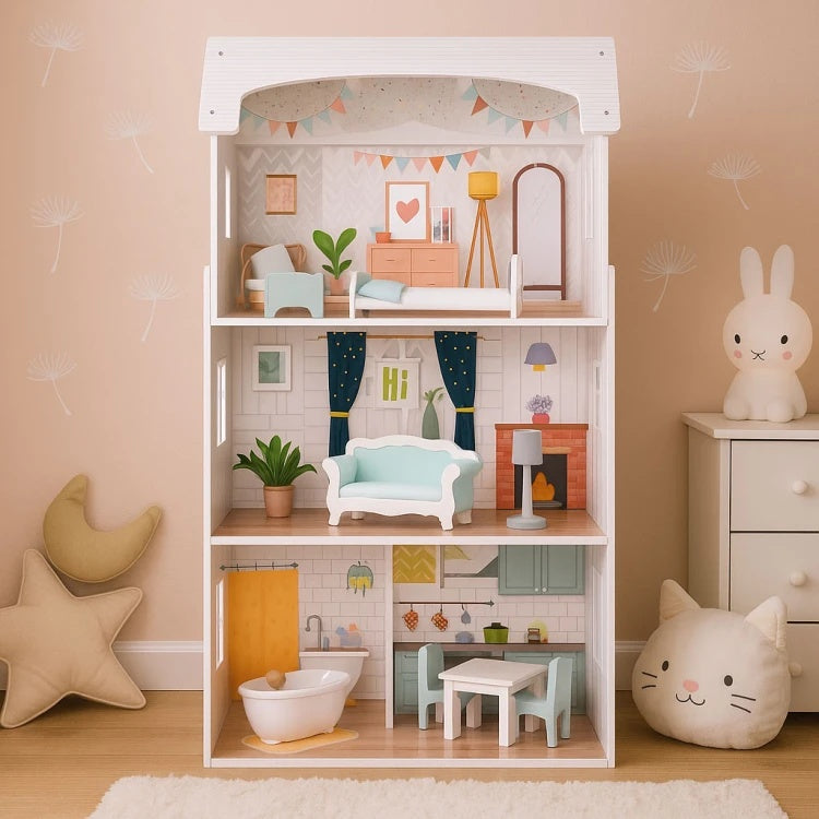 Kućica za lutke Alice na 3 sprata, 4 sobe, set sa 9 komada nameštaja – ECOTOYS
