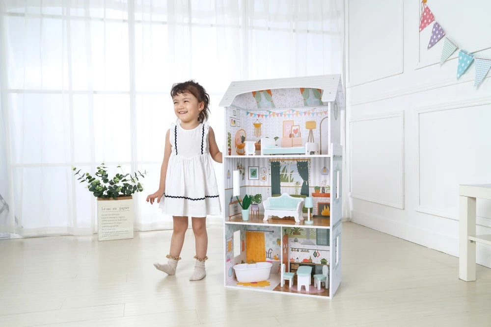 Kućica za lutke Alice na 3 sprata, 4 sobe, set sa 9 komada nameštaja – ECOTOYS
