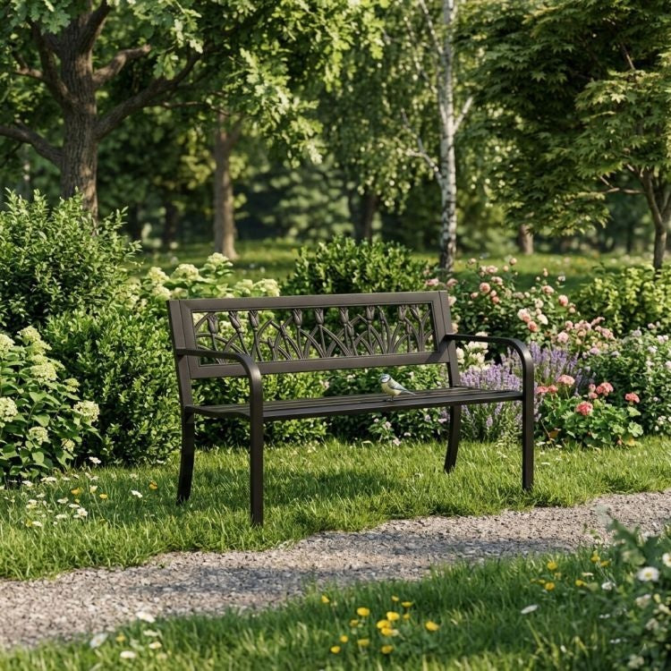 Metalna baštenska klupa 120×50 cm sa dekorativnim naslonom, crna - MultiGarden