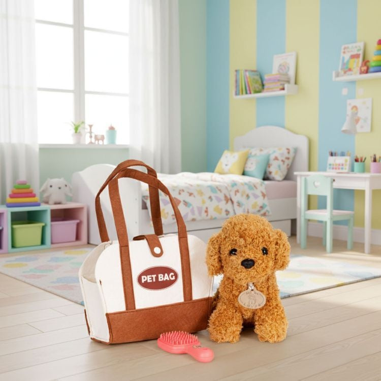 Plišana igračka za decu, štene Brown Poodle, torba + četka za negu