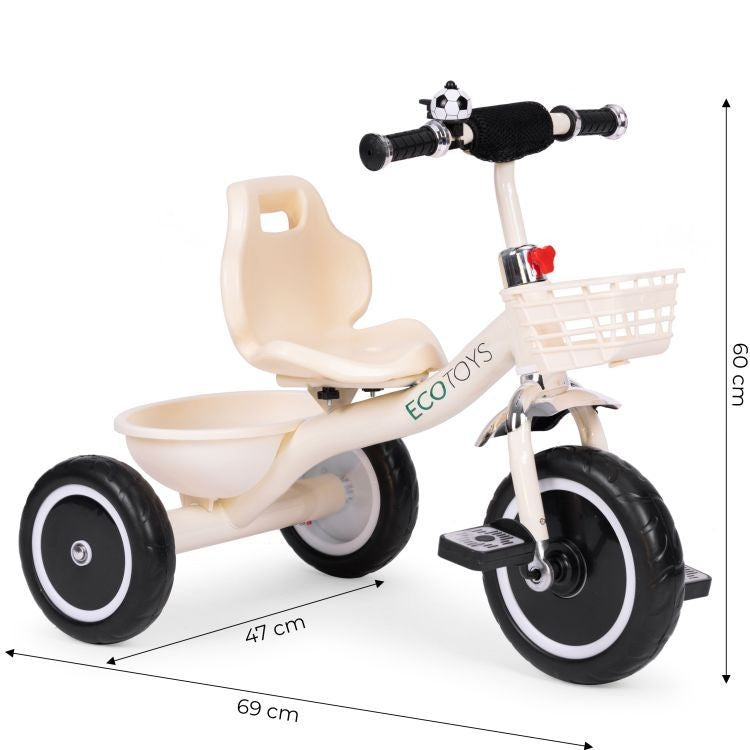 Tricikl sa neklizajućim rukohvatima, zvoncem i korpom, Beige, ECOTOYS